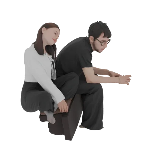 Modèle 3D d'un couple assis l'un près de l'autre, un homme avec des lunettes et une femme en veste blanche.