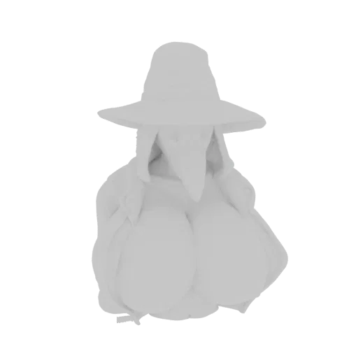 3D-Modell-Rendering einer Pestdoktor-Büste mit Schnabelmaske, breitem Hut und einem großen, prominenten Brustkorb, präsentier