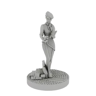 3D-Modell einer eleganten Frau mit schlangenartiger Haut, die ein Buch hält und auf einem texturierten Sockel mit Trümmern st
