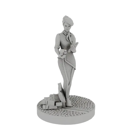 3D-Modell einer eleganten Frau mit schlangenartiger Haut, die ein Buch hält und auf einem texturierten Sockel mit Trümmern st