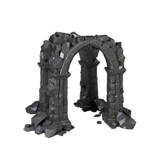 Ruined Stone Archway Low Poly 3D model, game viewport three-quarter view, showing aged stone, built remnants.