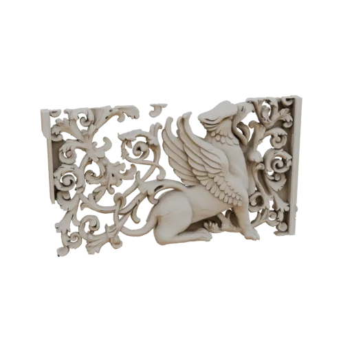 Modelo 3D de elemento arquitetônico com grifo cercado por arabescos florais detalhados.