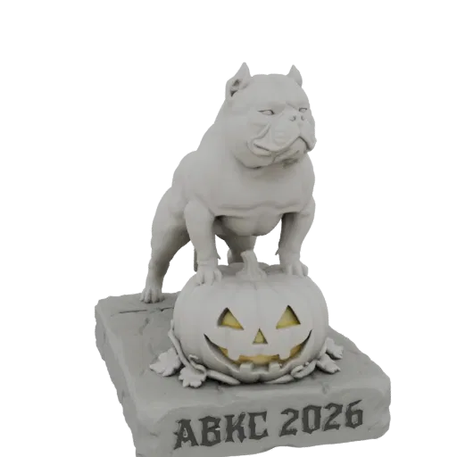 3D model of a white bulldog statue standing on a carved jack-o'-lantern with 'ABKC 2026' on the base, against a black backgro