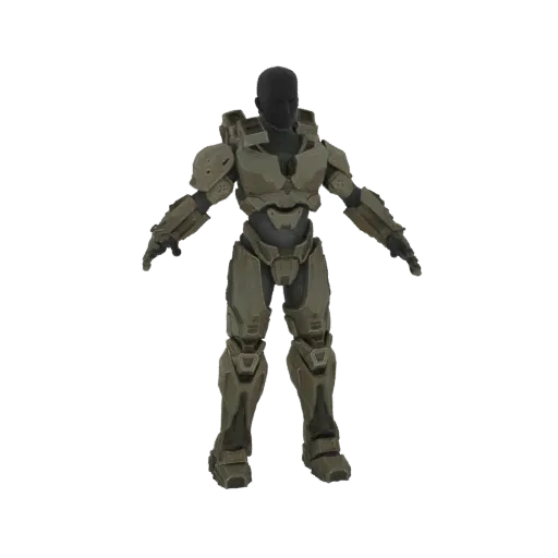 Modello 3D dell'armatura Mjolnir Mark IV di Halo, mostrato in posa neutra su sfondo bianco.
