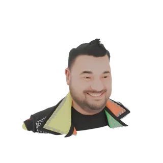 3D model render of a stylized man with a wide smile, wearing a black jacket with colorful yellow, green, and orange lapels de