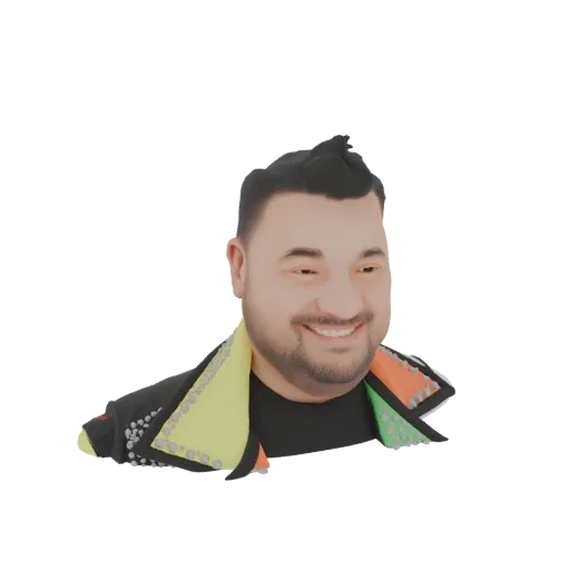 3D model render of a stylized man with a wide smile, wearing a black jacket with colorful yellow, green, and orange lapels de