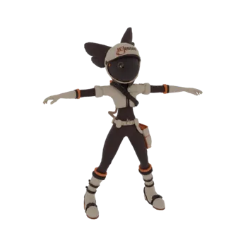 Modello 3D di un personaggio volpe antropomorfa con occhiali, casco bianco e cinghia per attrezzi, in posa a T su sfondo bian