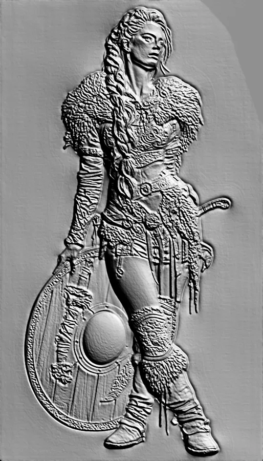 3D-Modell eines Wikinger-Basreliefs mit Schild und Schwert, das eine Kriegerin in detaillierter Rüstung darstellt.