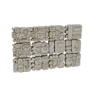 Modèle 3D d'un panneau en pierre présentant une grille de glyphes mayas détaillés, rendu avec une texture de pierre réaliste.