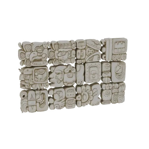 3D-Modell einer Steinplatte mit einem Raster detaillierter Maya-Glyphen, gerendert mit einer realistischen Steintextur.