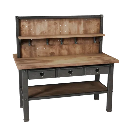 Industrial Workbench Realistic 3D model, three-quarter studio render, showing steel frames, stable fixtures.