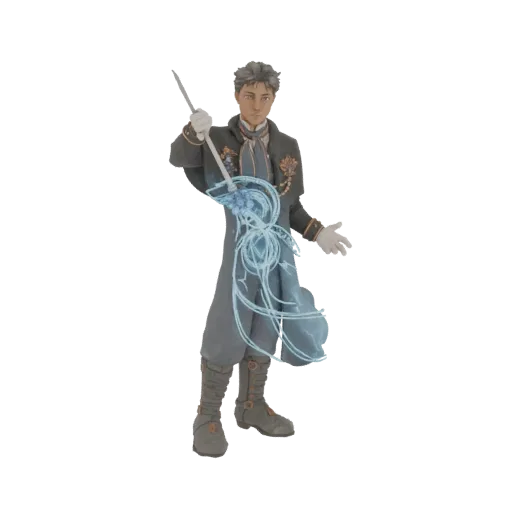 3D model of a young man in a dark suit holding a staff, casting blue magical energy.