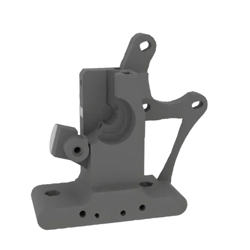 3D model render of a complex industrial bracket assembly with multiple mounting points and pivot features, shown in gray.