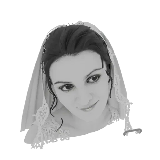 A grayscale 3D model of a bride wearing an elegant, detailed veil, with a soft smile and looking slightly to the side.