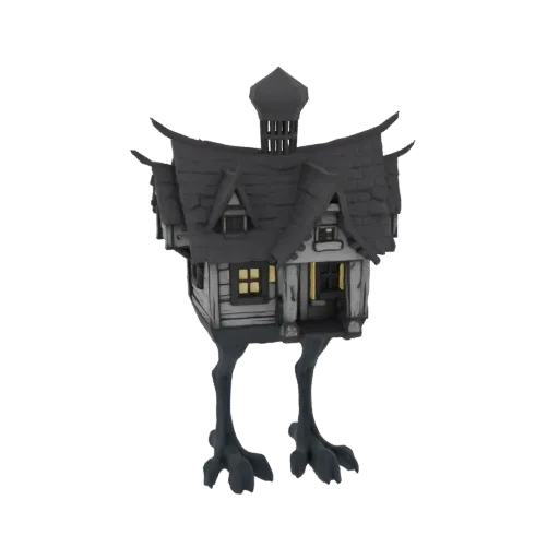 3D model of Baba Yaga's hut with a dark roof and glowing windows, standing on large, clawed chicken legs against a white back