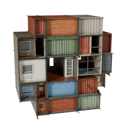 Modular Village Kit stylized 3D model, isometric stylized game environment view, showing modular building kit materials and a