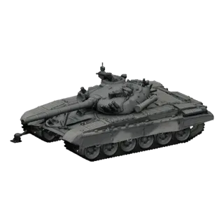 A 3D model of a T-72 Main Battle Tank rendered in a neutral gray, set against a minimalist, sandy terrain background.