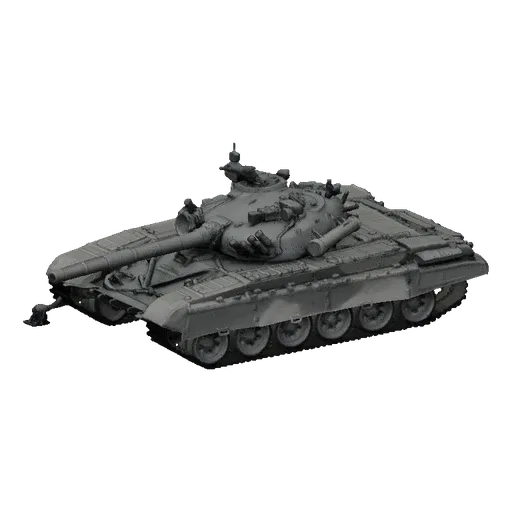 A 3D model of a T-72 Main Battle Tank rendered in a neutral gray, set against a minimalist, sandy terrain background.