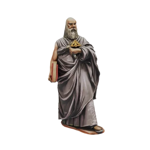 3D model of an ancient scholar with a long beard, wearing a robe, holding a book and a triangular symbol.