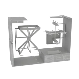 Modelo 3D de estação de montagem de máquinas industriais com suporte central em X e braço robótico.