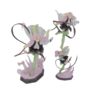 A 3D render of a set of three anime figures of Mitsuri Kanroji from Demon Slayer in dynamic action poses, with flowing hair a