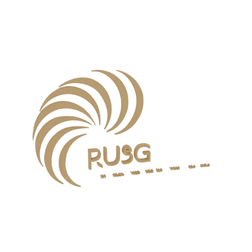 3D render of the RUSG logo with a golden, swirling abstract shape to its left, set against a black background.