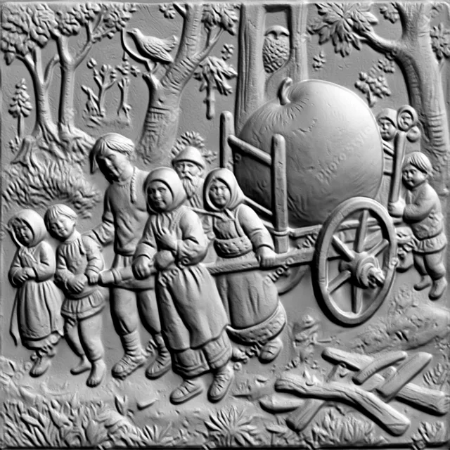 3D model of "Apple on a Cart" bas-relief with a family carrying a huge fruit on a cart.