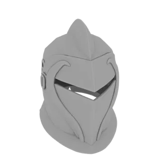 3D render of a futuristic knight helmet with a sharp crest and open visor, presented in a neutral gray material.