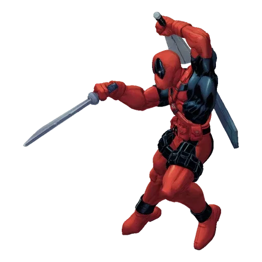 3D model of Deadpool in a dynamic action pose, wielding two katanas, with his red and black suit visible.