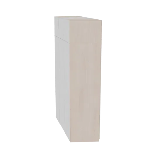 3D model of a modern wardrobe with light wood exterior and white doors, viewed from the side.