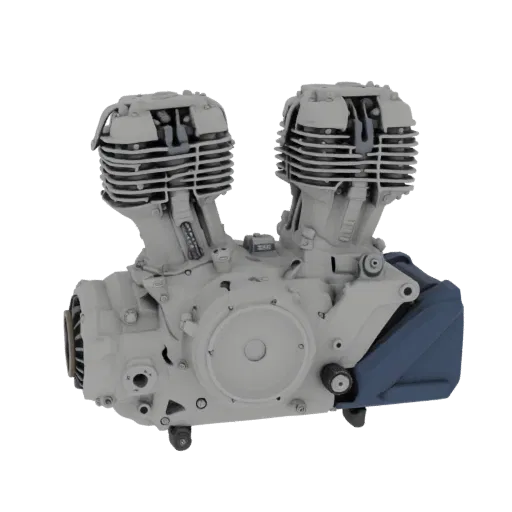 A 3D model of a V-twin motorcycle engine with prominent cooling fins and a blue accent on the lower casing, presented against