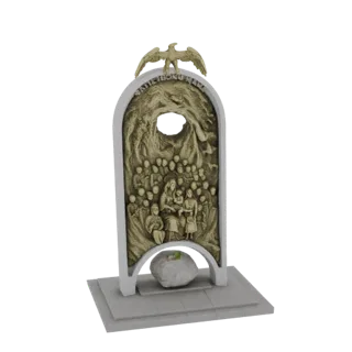 3D model of an eagle-topped arch monument with carved figures and a rock base, rendered in a bronze-like material.