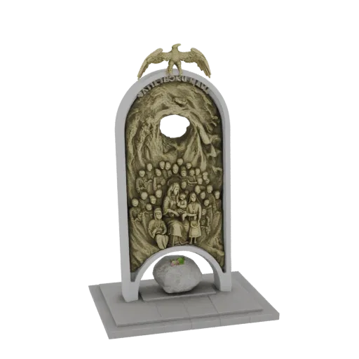 Modèle 3D d'un monument en arc surmonté d'un aigle, avec figures sculptées et base rocheuse, rendu dans un matériau aspect br