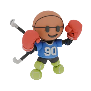 3D-Modell eines niedlichen Sportmaskottchens mit Basketballkopf, roten Boxhandschuhen, Hockeyschlägern und Beinen aus gestape
