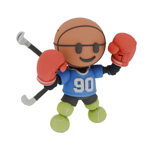 3D model of a cute sports mascot with a basketball head, red boxing gloves, hockey sticks, and legs made of stacked tennis ba