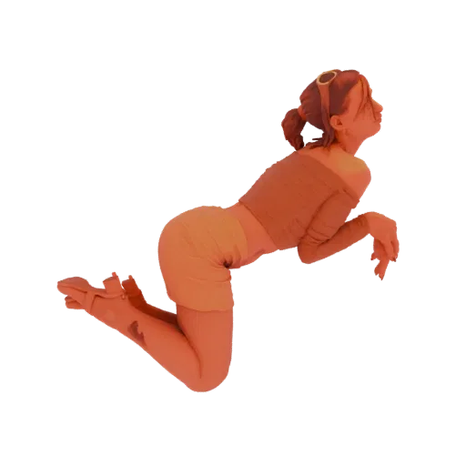 3D model of a fashion model in an orange hue, kneeling and leaning forward with one arm extended.