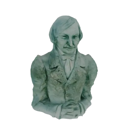 3D model render of a bust of a man in a suit and bow tie, with hands clasped, in a weathered, stone-like texture.