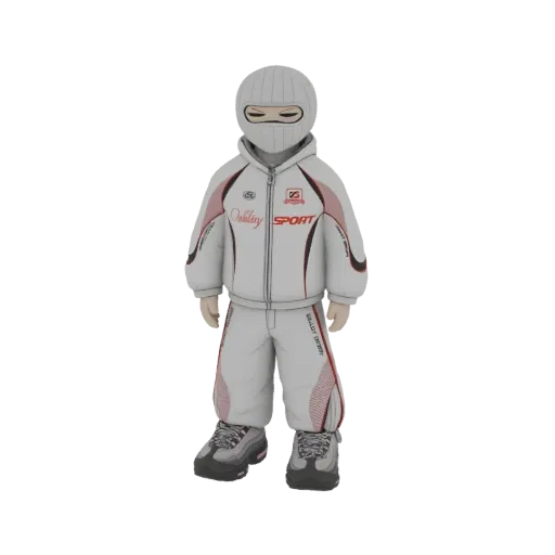 A stylized 3D model of a racer character wearing a white and red racing suit, helmet, and sneakers, against a black backgroun