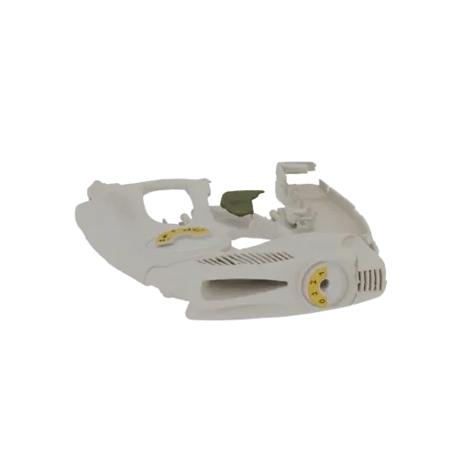3D model of a retro futuristic appliance housing with a textured vent and numbered dial controls, presented on a white backgr