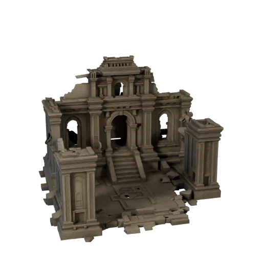 Ancient Temple Courtyard Low Poly 3D model, game viewport three-quarter view, showing aged stone, built remnants.