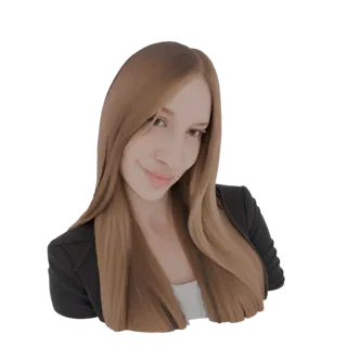 Render de modelo 3D de una mujer con cabello largo y rubio, vistiendo un blazer negro y top blanco, mirando al espectador.