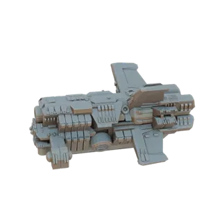 Render 3D di una nave spaziale industriale grigia, squadrata, con molteplici torrette e grandi motori.