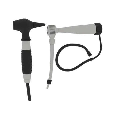 Surgical Style Otoscope Realistic 3D model, three-quarter studio render, showing stainless steel, handheld tool scale.