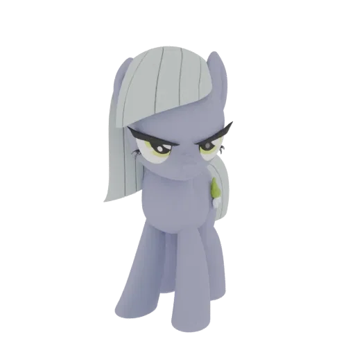 A 3D render of a grumpy purple pony with light gray hair and a small green accent on its side, standing with a displeased exp