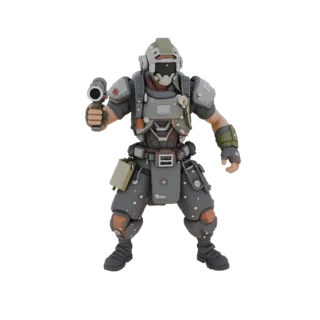 3D Modell eines Schützen in futuristischer Rüstung mit Blaster, auf weißem Hintergrund