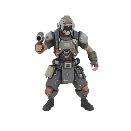 3D model of a futuristic soldier holding a blaster on a white background