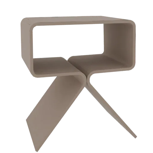 Una mesa auxiliar escultural moderna con un diseño orgánico y fluido, renderizada en un acabado mate neutro sobre un fondo ne