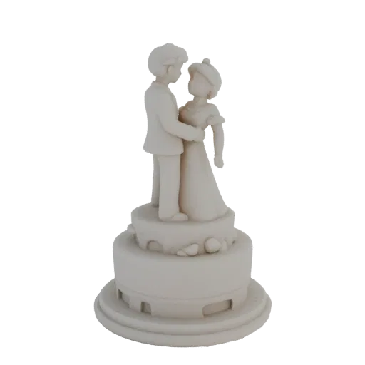 Bohemian Bride Groom wedding cake topper 3D model, three-quarter view, romantic celebration pose with cake base footprin