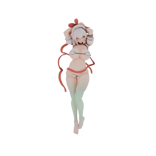 3D model of an anime girl in a white bikini with red ribbons tied around her arms and hair, standing with hands behind her he