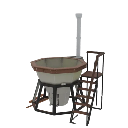 3D model of an octagonal industrial hot tub with a wooden rim, metal ladder, and chimney, set against a black background.